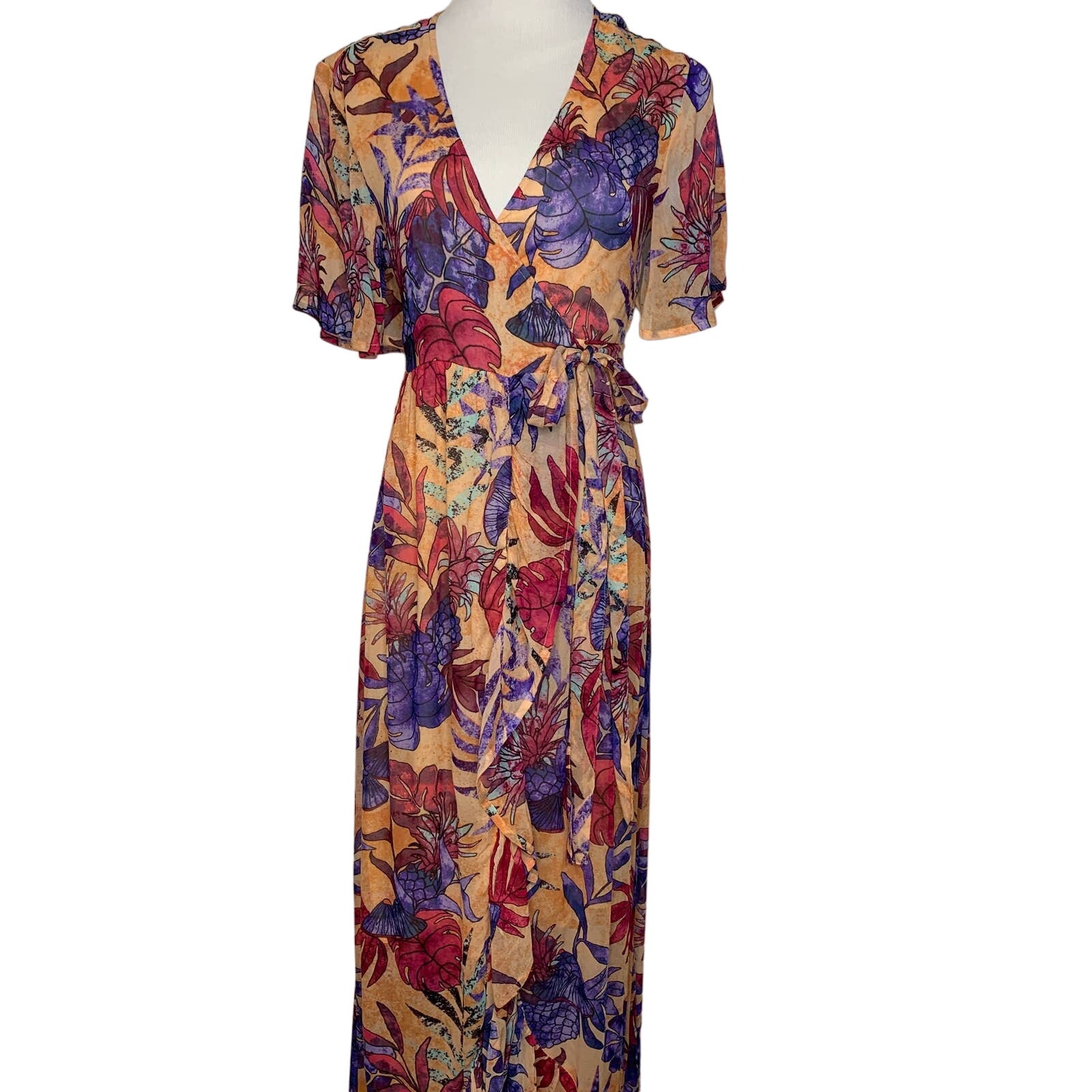 Nwt Raga Monique Wrap Maxi Dress Orange Pink Purple Tropical Print Sz Small